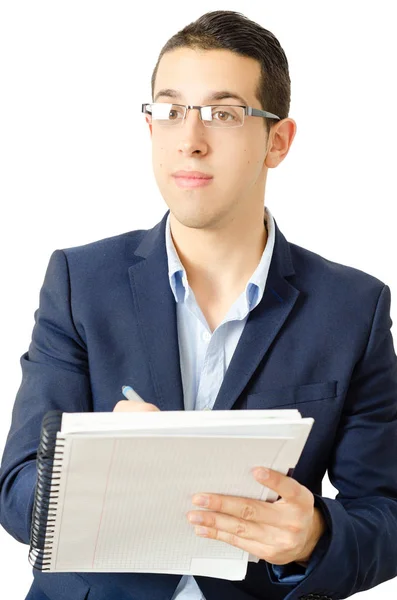 Portrait Young Professor Notebook His Hands Isolated White Background — Stock Photo, Image