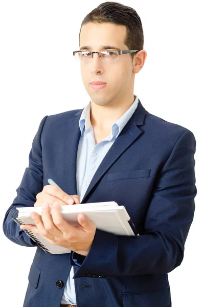 Retrato Del Joven Profesor Con Cuaderno Sus Manos Aislado Sobre —  Fotos de Stock