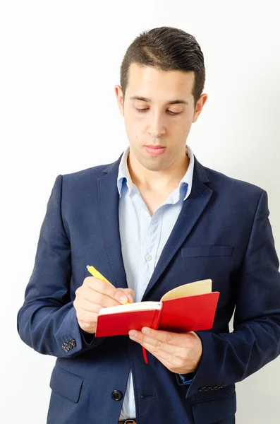 Retrato Del Joven Profesor Con Cuaderno Sus Manos Aislado Sobre —  Fotos de Stock