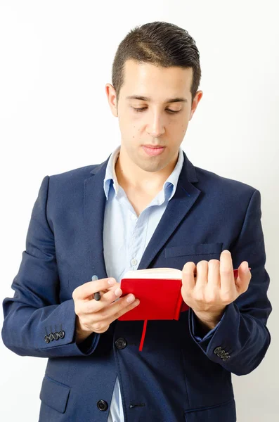 Retrato Del Joven Profesor Con Cuaderno Sus Manos Aislado Sobre —  Fotos de Stock