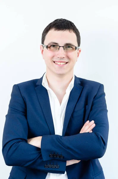 Jovem Homem Negócios Vestindo Óculos Posando Sobre Fundo Branco — Fotografia de Stock
