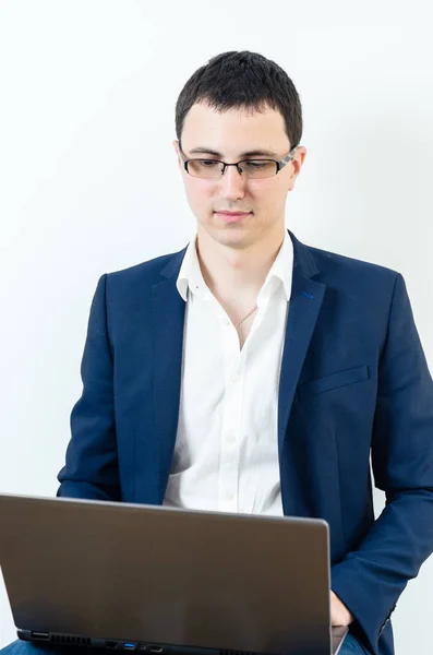 Young Businessman Wearing Glasses Looking His Laptop — Stock Photo, Image