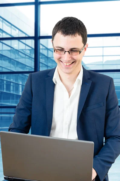 Young Business Man Wearing Glasses Checking Fly Ticket Airport His — Stock Photo, Image