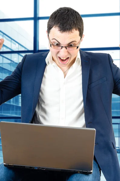 Closeup Portrait Excited Successful Business Men Sitting Office Looking Shocked — Stock Photo, Image