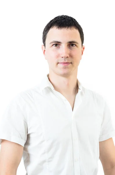 Portrait Confident Young Man Sitting Office White Background — Stock Photo, Image