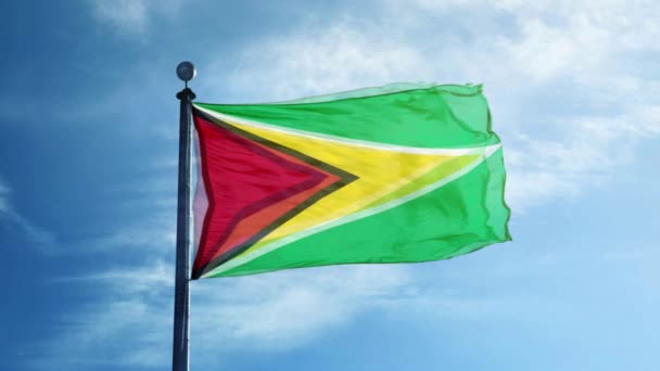 Vergrote Weergave Van Vlag Van Guyana Blauwe Hemelachtergrond — Stockvideo