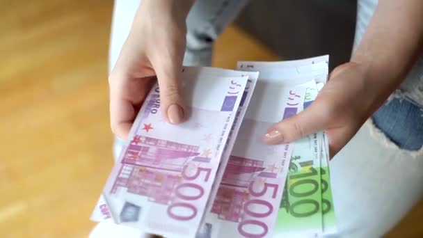 Closeup Woman Hands Holding Wallet Counting New Euro Banknotes — Stock Video