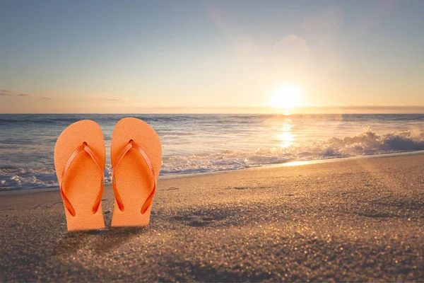 Farverige Flip Flops Sandstranden - Stock-foto