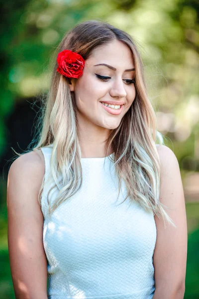 Close Portrait Young Beautiful Blond Girl Red Rose Her Hair — Stock Photo, Image