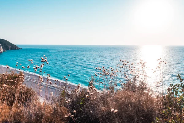 Перегляд Через Сушені Рослини Пагорбі Пляжі Порто Катсікі Лефкада Греція Ліцензійні Стокові Фото