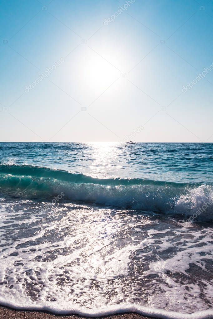 Splashing sea waves of Porto Katsiki beach in Lefkada, Greece, Ionian islands. 