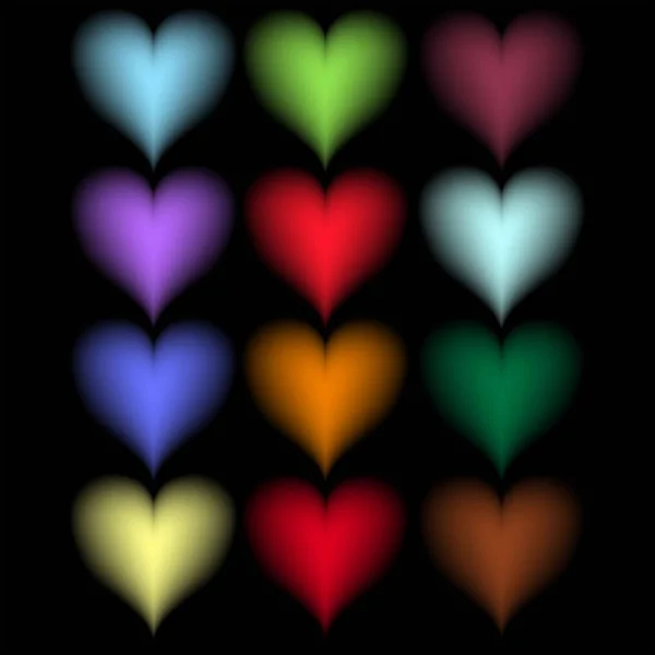 Corazones de colores sobre un fondo negro — Vector de stock