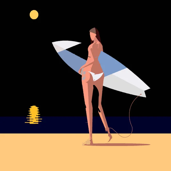 Chica Playa Con Una Tabla Noche — Vector de stock