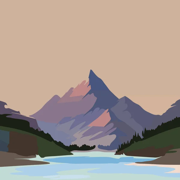 Горный Пейзаж Векторная Иллюстрация Захватывающий Вид Большая Гора Окружена Рекой — стоковый вектор