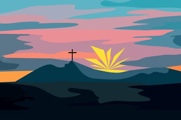 Berglandschaft Bei Sonnenuntergang Mit Einem Kreuz — Stockvektor