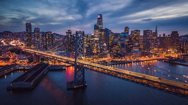 Hava Cityscape Görünümü Gece California Abd Körfez Köprüsü San Francisco — Stok fotoğraf