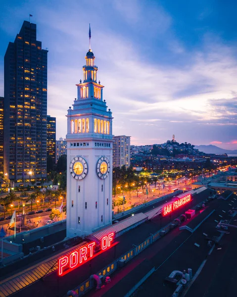 Flygfoto Över San Francisco Ferry Building Natten — Stockfoto