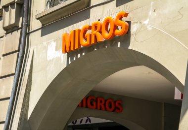 Bern, Switzerland, July 2, 2019 -entrance to Migros supermarket in Zurich International Airport. Migros is Switzerland's largest retail company.