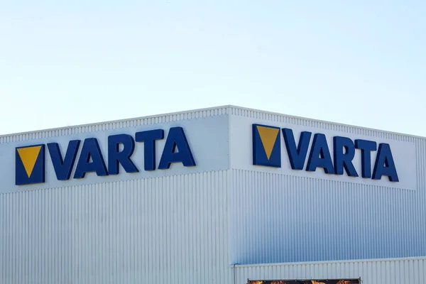 Nordlingen, Germany, June 8, 2019: Varta sign. VARTA AG is a German company manufacturing batteries for global automotive, industrial, and consumer markets