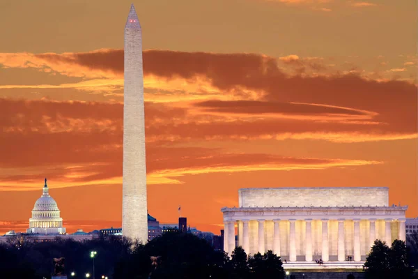 Washington Skyline Compris Lincoln Memorial Washington Monument Bâtiment Capitole Des — Photo