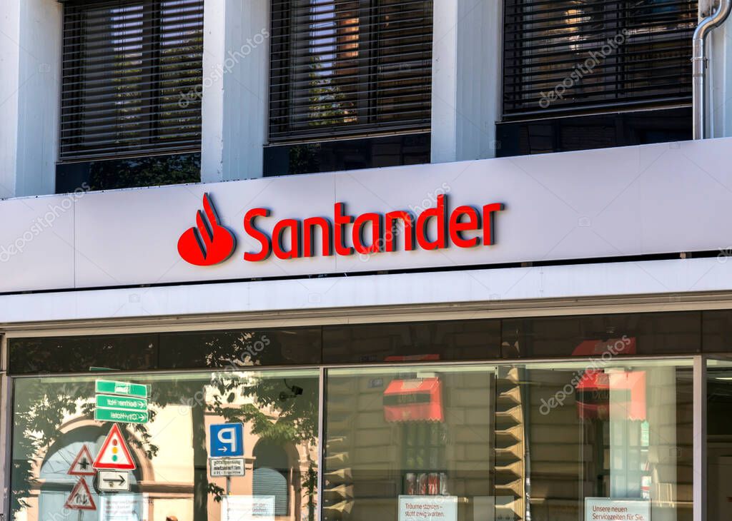 Karlsruhe, Germany - July 4, 2019: Logo at branch of Santander bank. Banco Santander is the largest bank in the Eurozone and one of the largest banks in the world in terms of market capitalisation.