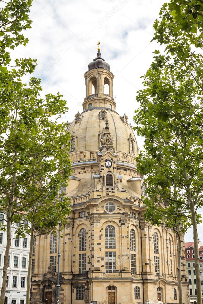 A View of The Dresden Frauenkirche (Evangelical-Lutheran Church of Saxony) in Dresden, Germany.