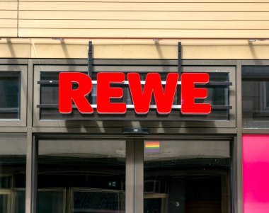 Furth, GERMANY : REWE supermarket chain sign. REWE is a GERMAN global discount supermarket chain, based in Nordrhein-Westfalen, Germany clipart