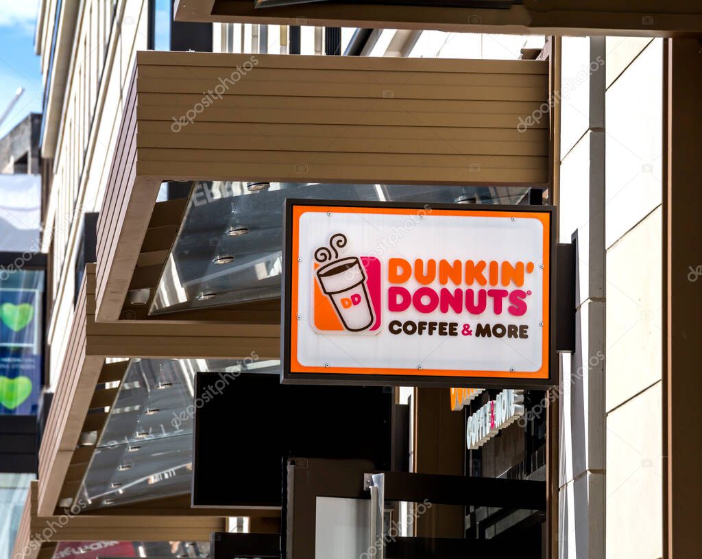 Furth, Germany : Dunkin' Donuts sign. Dunkin' Donuts is an American global doughnut company and coffeehouse chain.