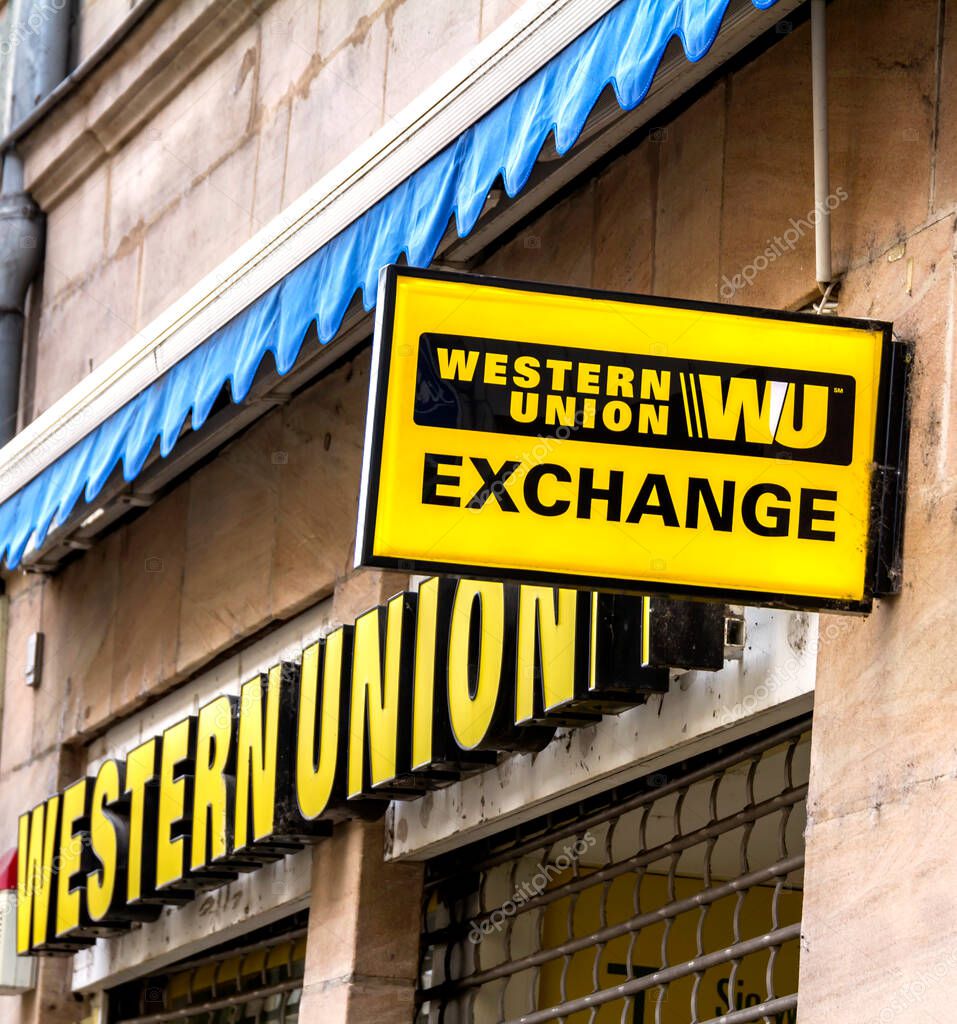 Furth, Germany : Logo of Western Union. The Western Union Company is an American financial services and communications company