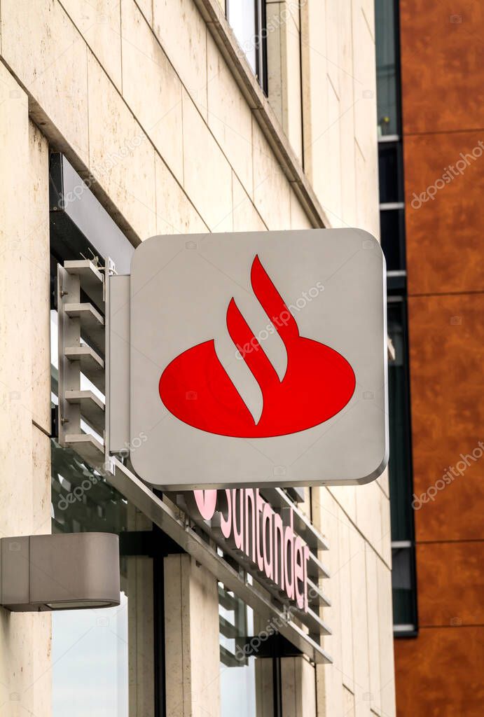 Dresden, Saxony, Germany, July 11, 2019: Logo of Santander bank. Banco Santander is the largest bank in the Eurozone and one of the largest banks in the world in terms of market capitalisation