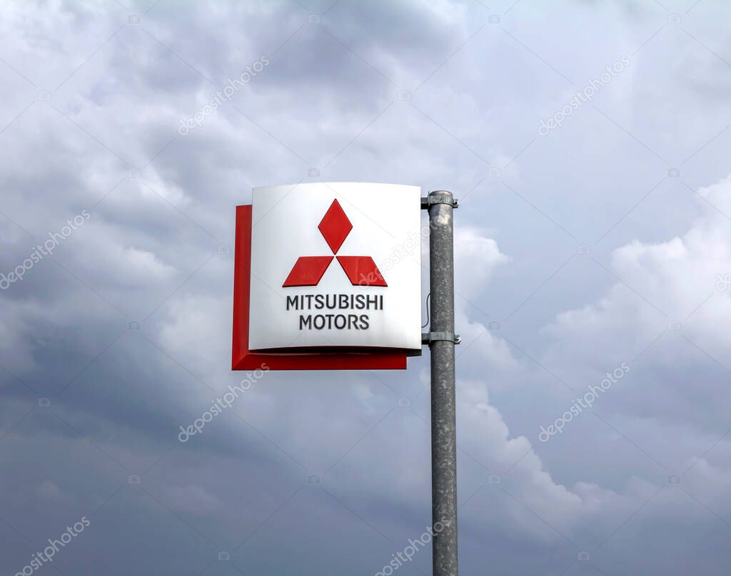 Official dealership sign of Mitsubishi isolated. Mitsubishi Motors Corporation is a Japanese automotive manufacturer