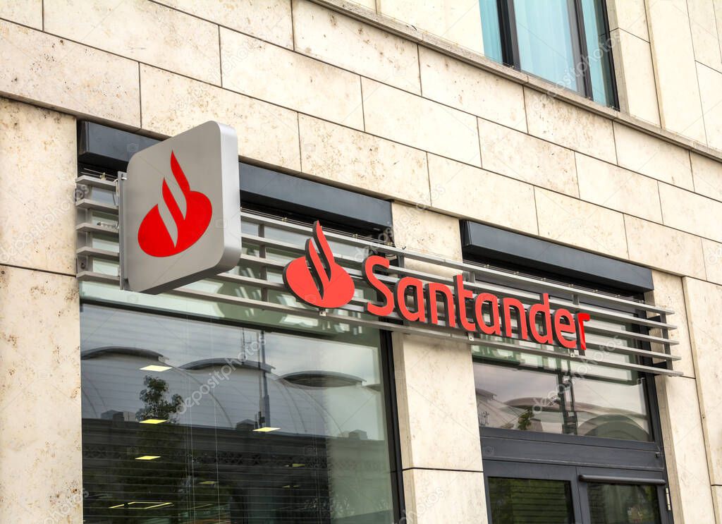 Dresden, Saxony, Germany, July 11, 2019: Logo of Santander bank. Banco Santander is the largest bank in the Eurozone and one of the largest banks in the world in terms of market capitalisation