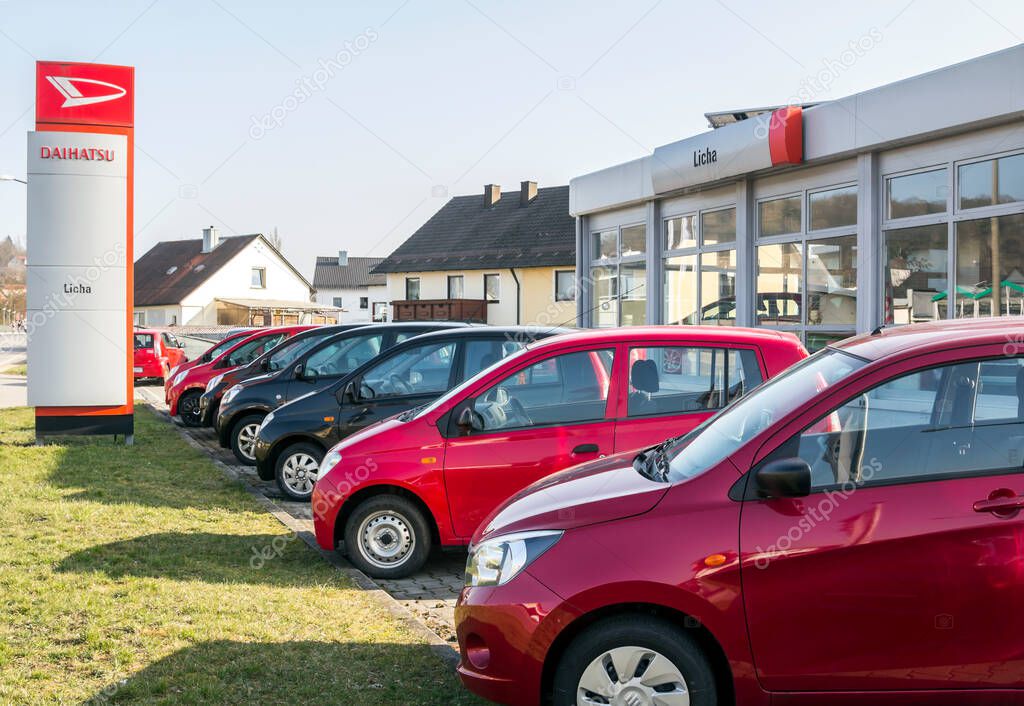 Schwandorf, GERMANY-March23, 19: Daihatsu brand cars in row at the dealership in Schwandorf