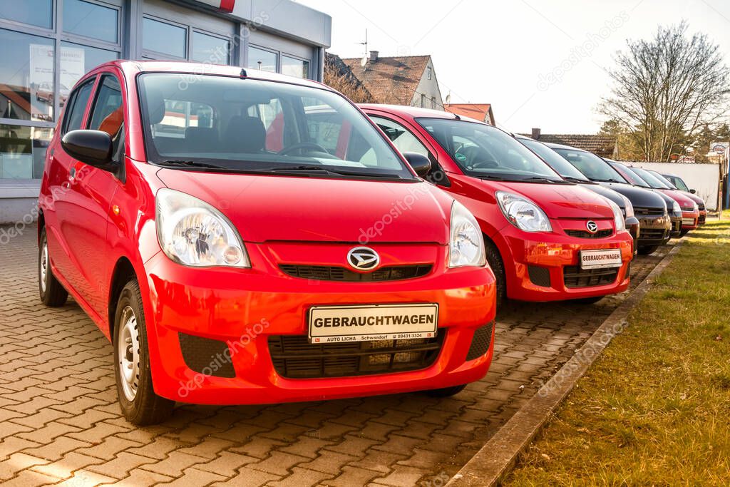 Schwandorf, GERMANY-March23, 19: Daihatsu brand cars in row at the dealership in Schwandorf