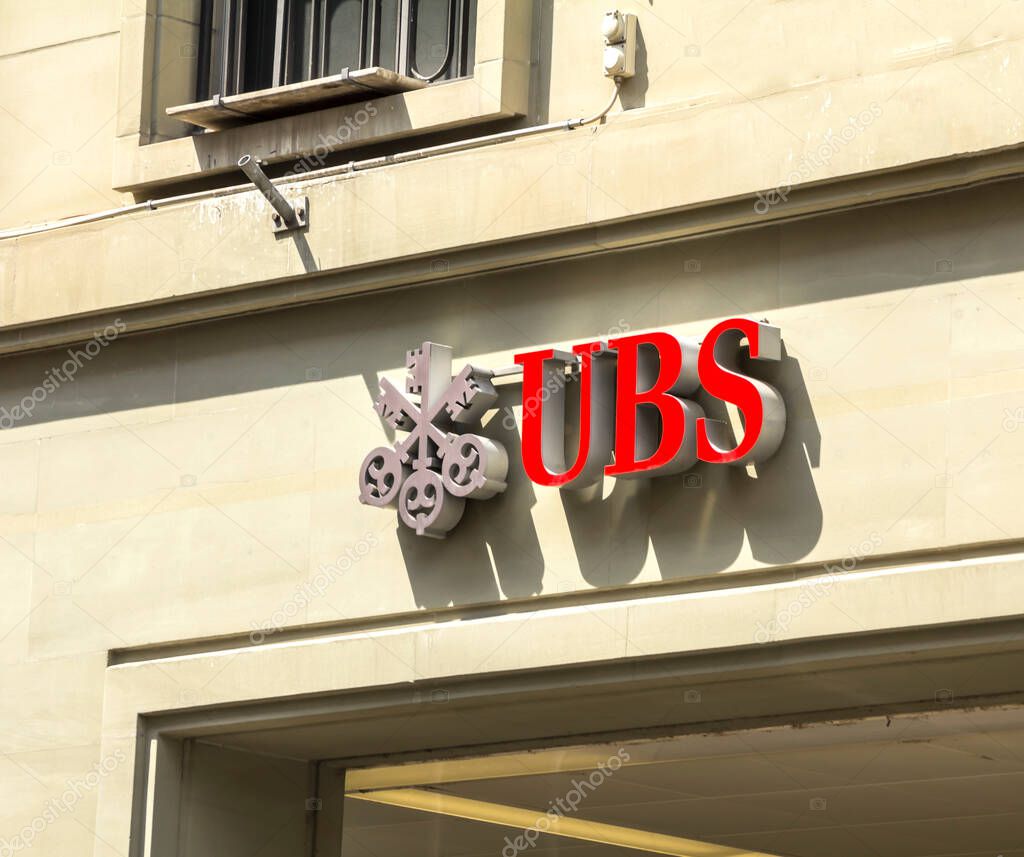 Bern, Switzerland, July 2, 2019 - UBS sign on the wall of an UBS office building. UBS is a Swiss global financial services bank, headquartered in the Swiss city of Zurich.