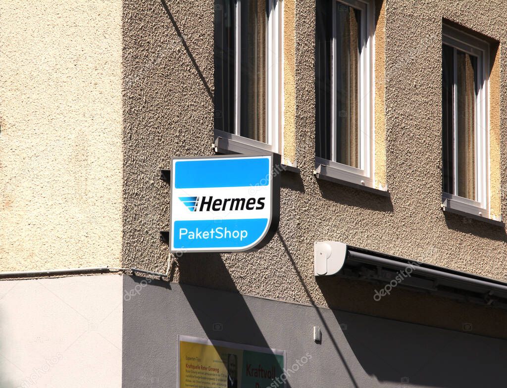 Ansbach, GERMANY : Hermes logo on on a pole, Hermes is Germany's largest post-independent logistics service provider for deliveries to private customers