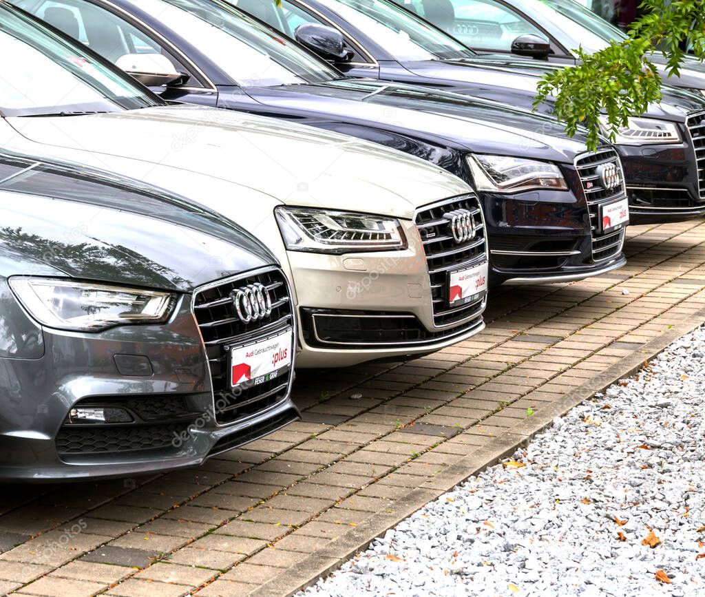 Nurnberg, Germany : Close up view of Audi cars in raw at an Audi Dealer