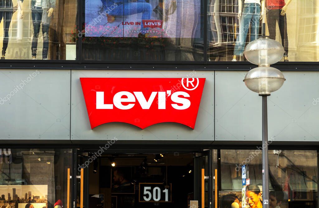 Munich, Germany : Levi's store, Munich. Founded in 1853, Levi Strauss is an American clothing company known worldwide for its brand of denim jeans