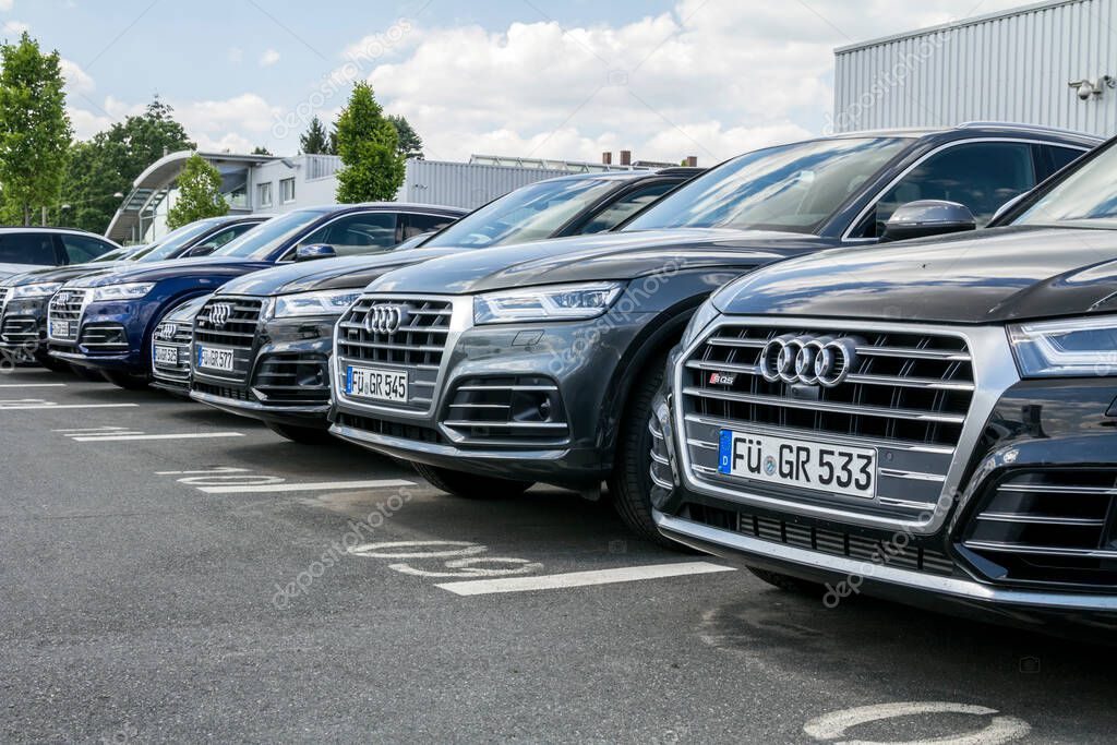 Furth, Germany : Audi emblem at Audi's auto dealerships, Audi is a German automobile manufacturer that designs, engineers, produces, markets and distributes luxury automobiles