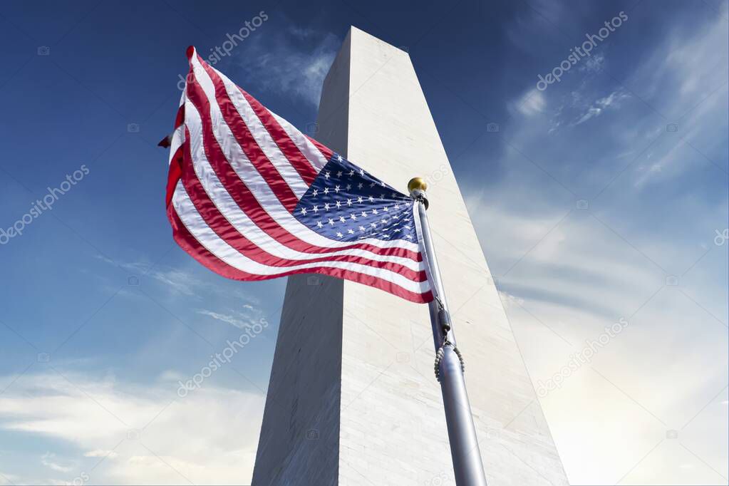 Washington Monument and waving United States flag, Washington DC United States of America