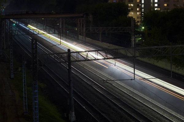 Een Passerende Trein Nacht Foto Genomen Nacht Van Brug Rails — Stockfoto
