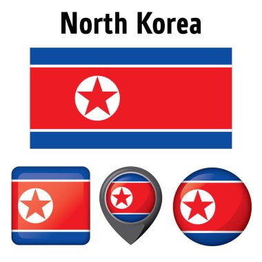Kuzey Kore bayrağı illüstrasyon ve çeşitli simgeler. Kurumsal malzemeleri ve Coğrafya kataloglar için idealdir