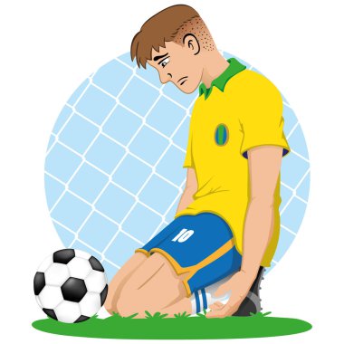 Futbol oyuncu üzgün Brezilya diz yendi, bir top önünde gösterimi ortadan, kaybetmek. Ideal spor ve eğitim materyalleri