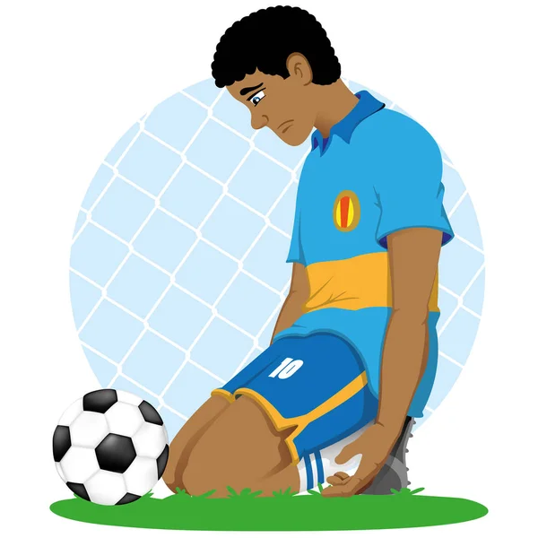 Illustration Soccer Player African Descent Sad Knee Front Ball Defeated — Stock Vector