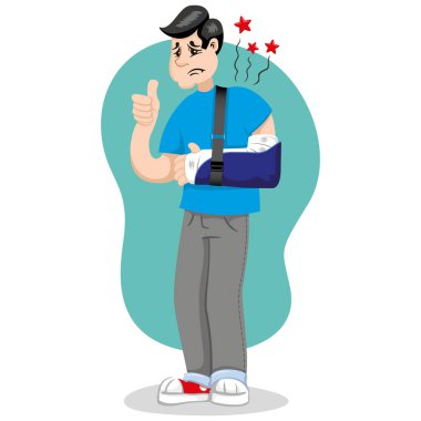 Ortopedik sapan kullanarak maskot bob kişi, kollu adam immobilize, sargılı, kırık. Ideal bilgilendirme ve kurumsal tıp ile ilgili