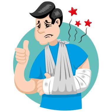 Geçici sapan kullanarak maskot bob kişi, kollu adam immobilize, sargılı, kırık. Ideal bilgilendirme ve kurumsal tıp ile ilgili