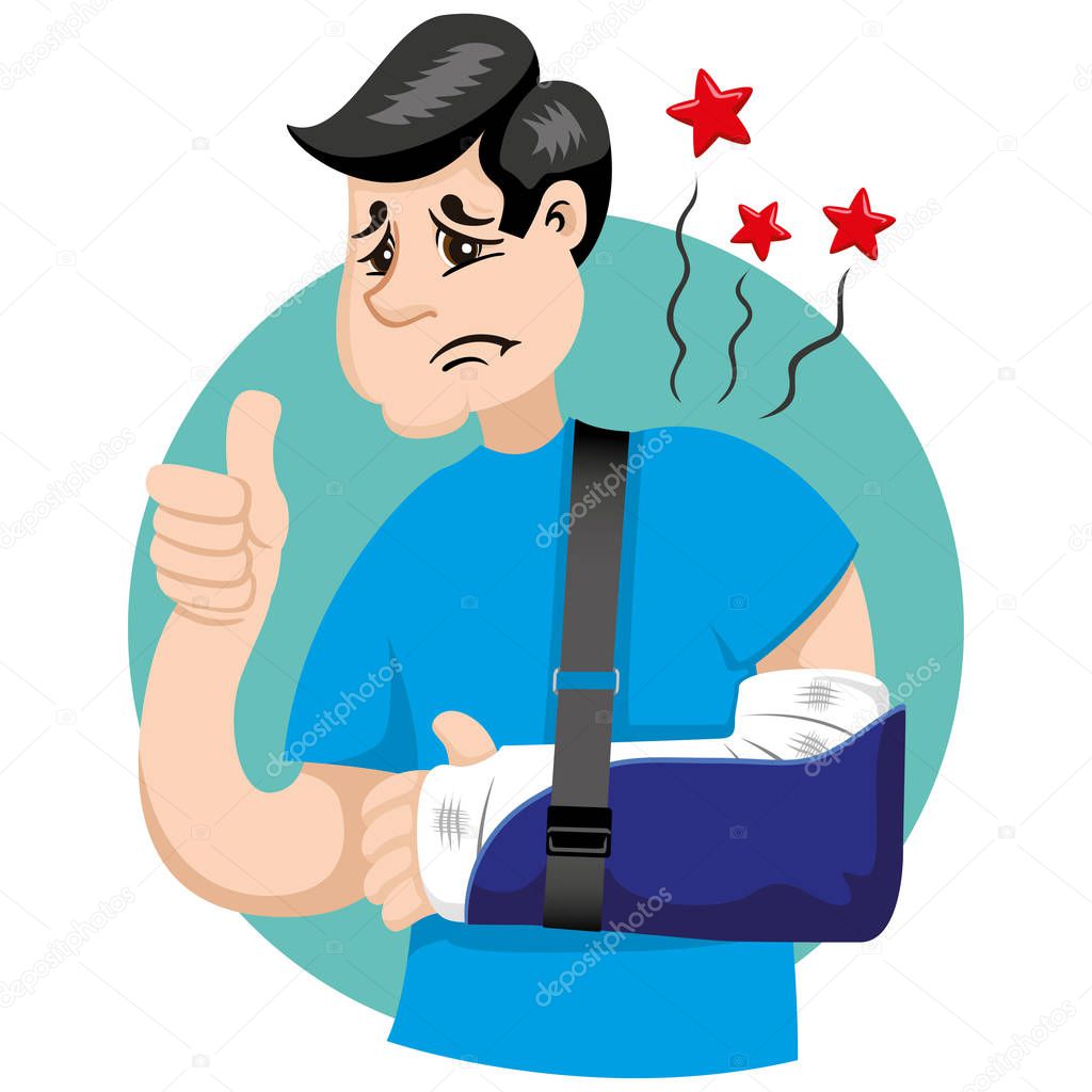 Mascot bob person man, with arm bandaged, fracture, immobilized, using orthopedic sling. Ideal for informational and institutional related to medicine