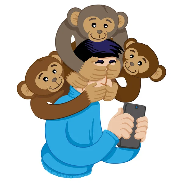 关于猴子 聋哑人的意识类比信息 由于使用了手机 人们对周围的事件无动于衷和孤立 — 图库矢量图片