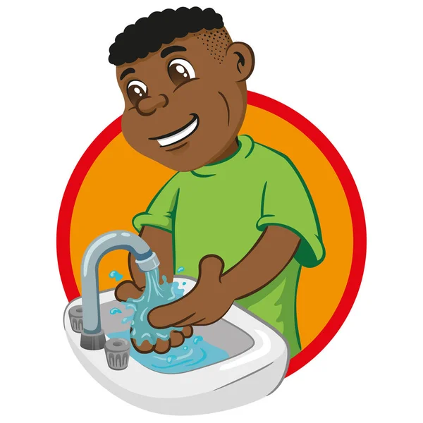流水の下で流しに手を洗うアフロ降下の少年のイラスト チュートリアルやトレーニング教材 制度や健康に最適 ロイヤリティフリーのストックイラスト