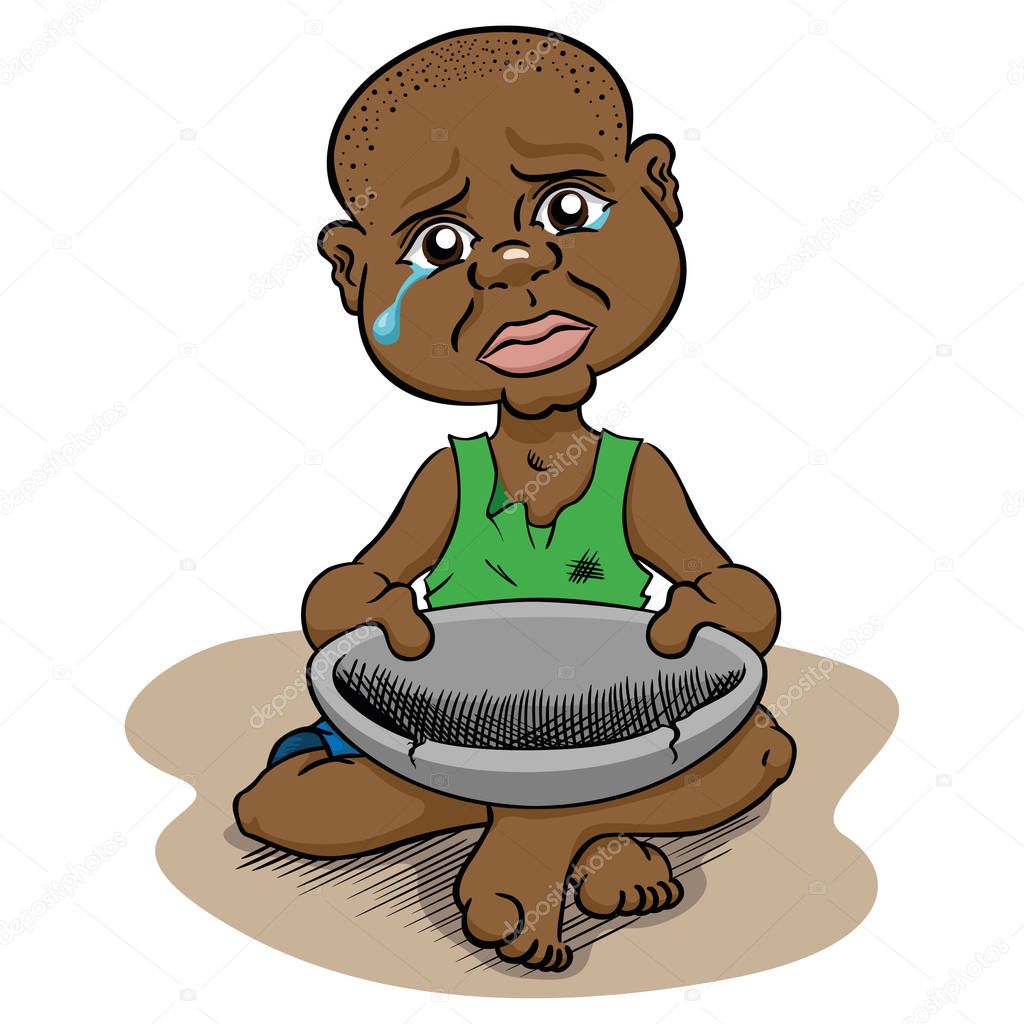 Illustration depicting a hungry needy child without food starving, afro descendant. Ideal for institutional materials and advertisements